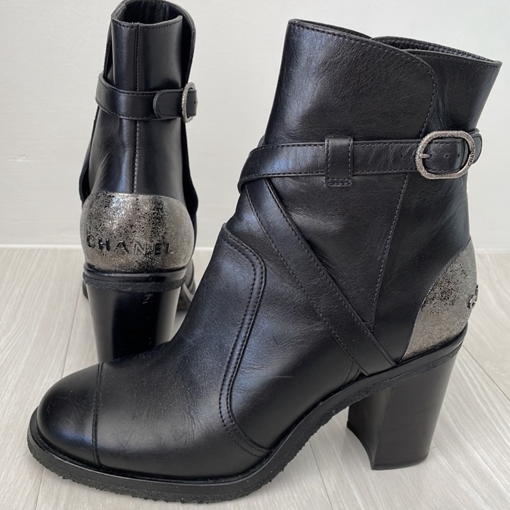 Chanel Black Leather Ankle Boots w/ Gunmetal  Metallic Logo Heel